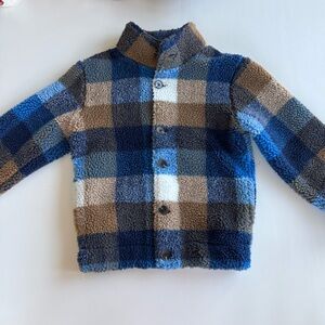 Mini Boden Cosy Borg Jacket Plaid- Blue, Brown, Cream